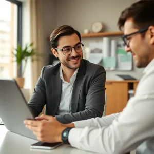 A financial advisor creating engaging marketing content using new technology.