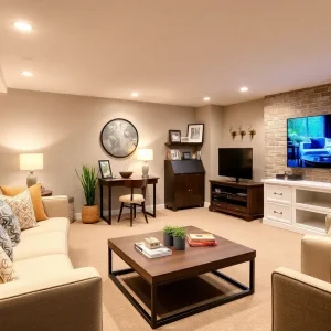A beautifully remodeled basement with budget-friendly decor and furniture.