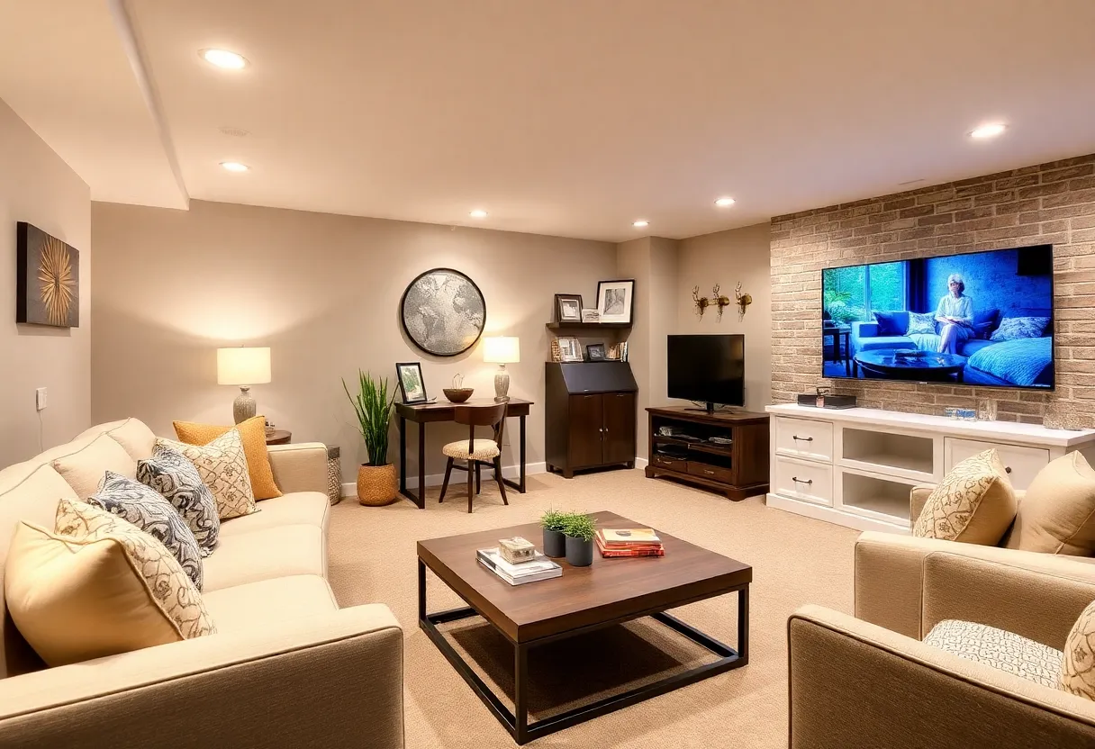 A beautifully remodeled basement with budget-friendly decor and furniture.