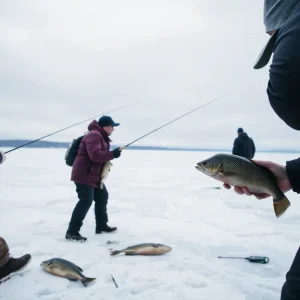 Anglers ice fishing for burbot in the Great Lakes