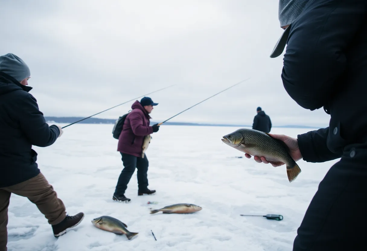 Anglers ice fishing for burbot in the Great Lakes