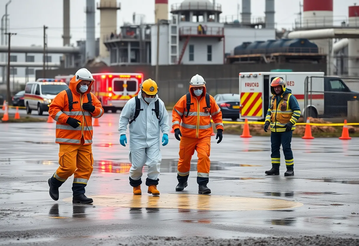 Emergency responders managing a chemical spill incident at LG Energy Solution in Holland, Michigan.
