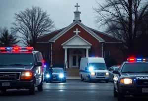 Law enforcement outside a church related to forced labor investigation