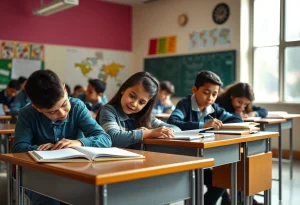 Students engaged in a classroom activity emphasizing the need for school funding.