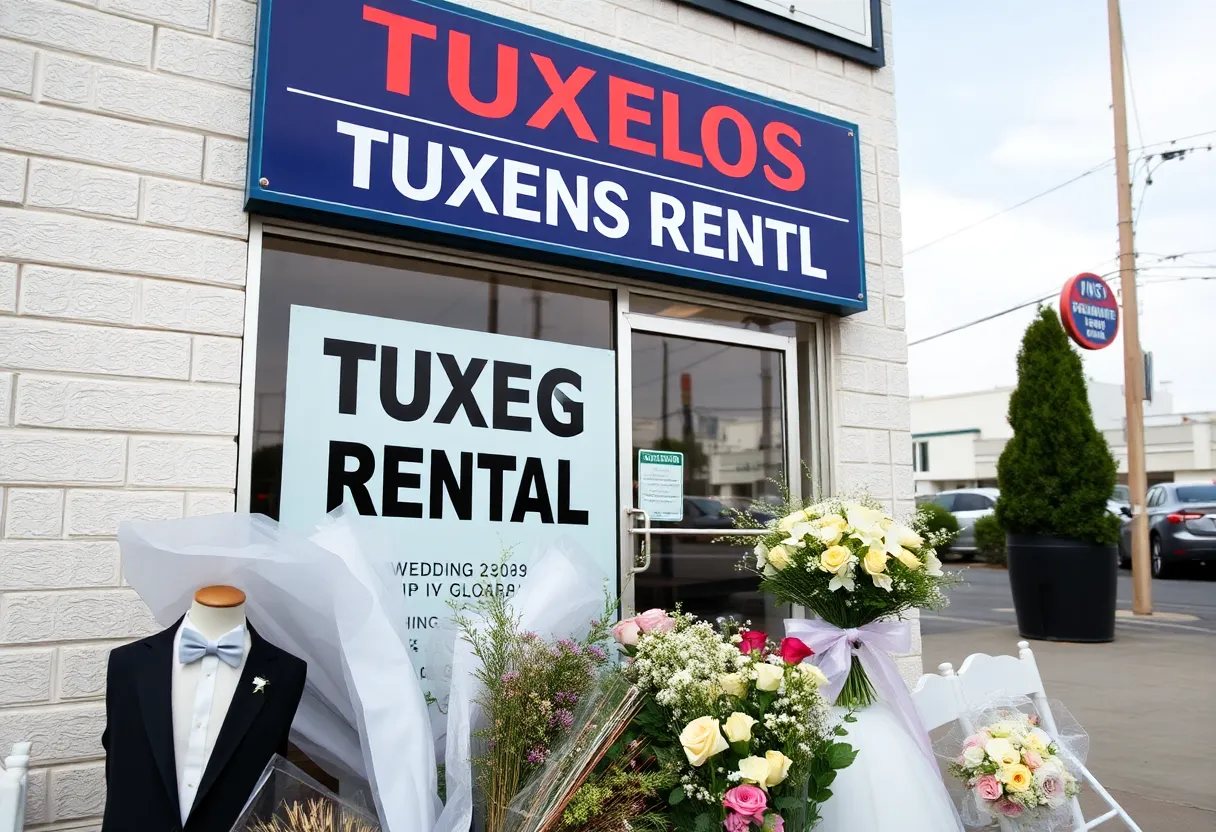 Closed sign on a tuxedo rental shop with wedding decorations