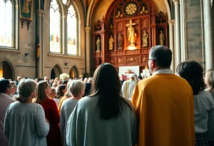 A gathering of people celebrating community service at a cathedral.