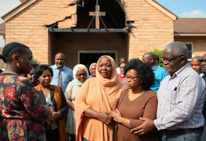 Community members gathered for a vigil outside a damaged church