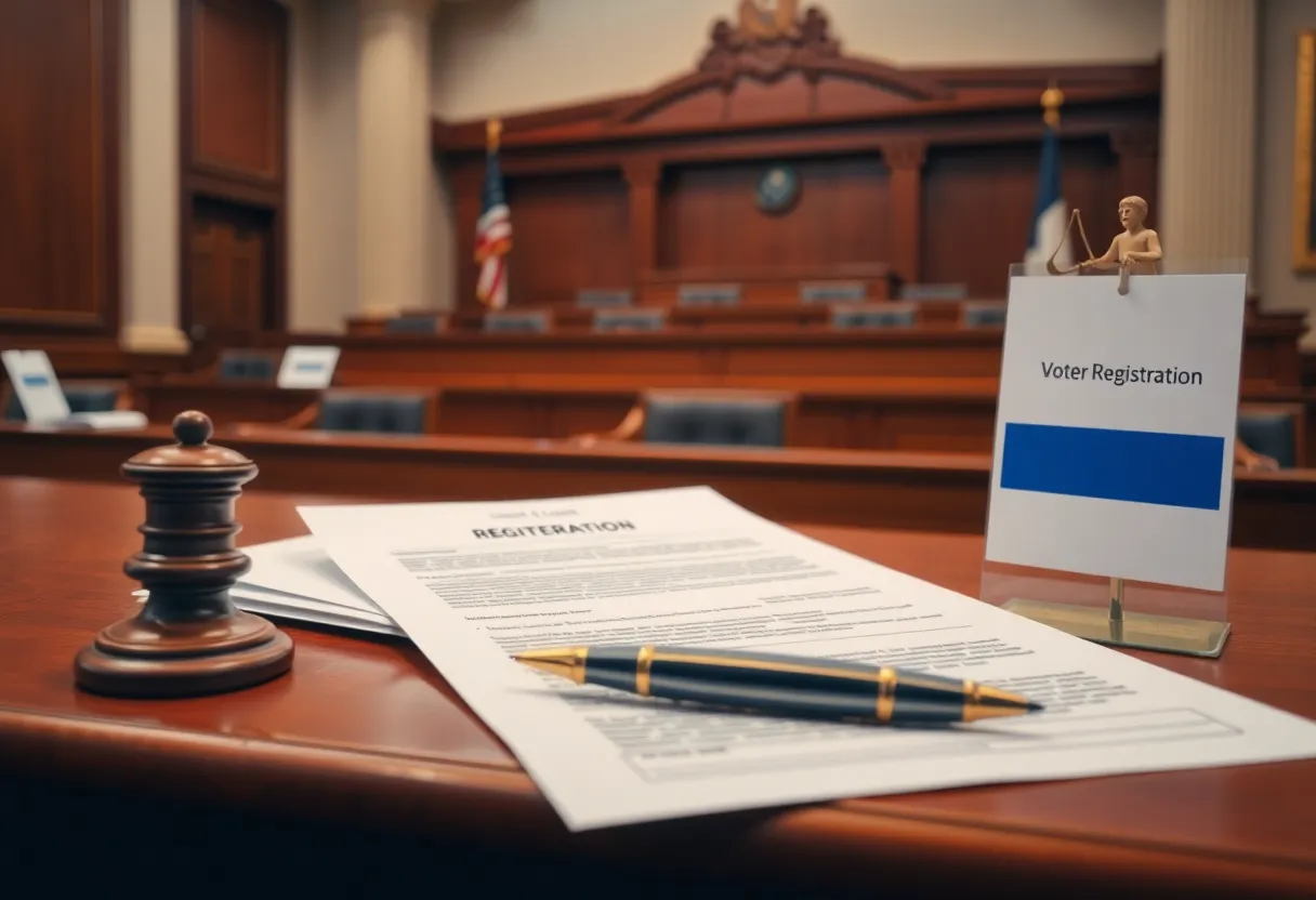 Courtroom scene illustrating issues surrounding voter registration and privacy.