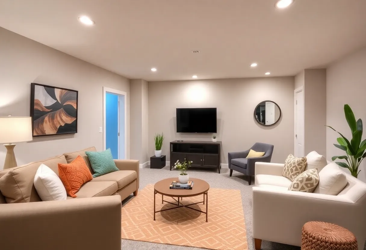 Remodeled basement layout with furniture and lighting