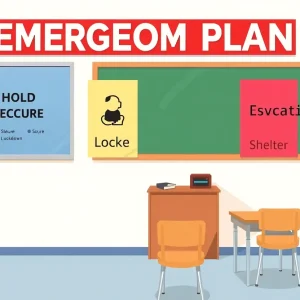 Posters in a classroom displaying emergency response terms for students and staff.