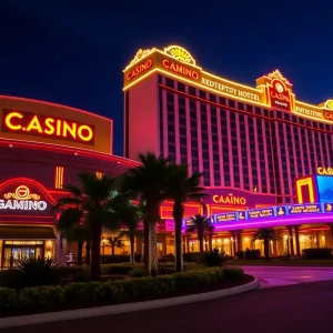 Exterior view of FireKeepers Casino Hotel at night