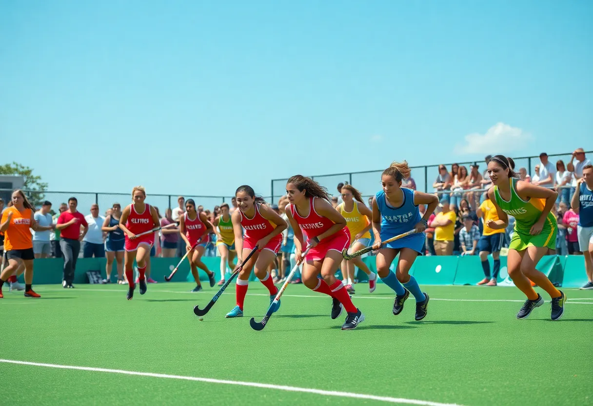 A girls field hockey team playing during a match on a sunny field.
