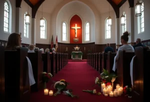 Memorial setup outside a church in Grand Blanc with flowers and candles