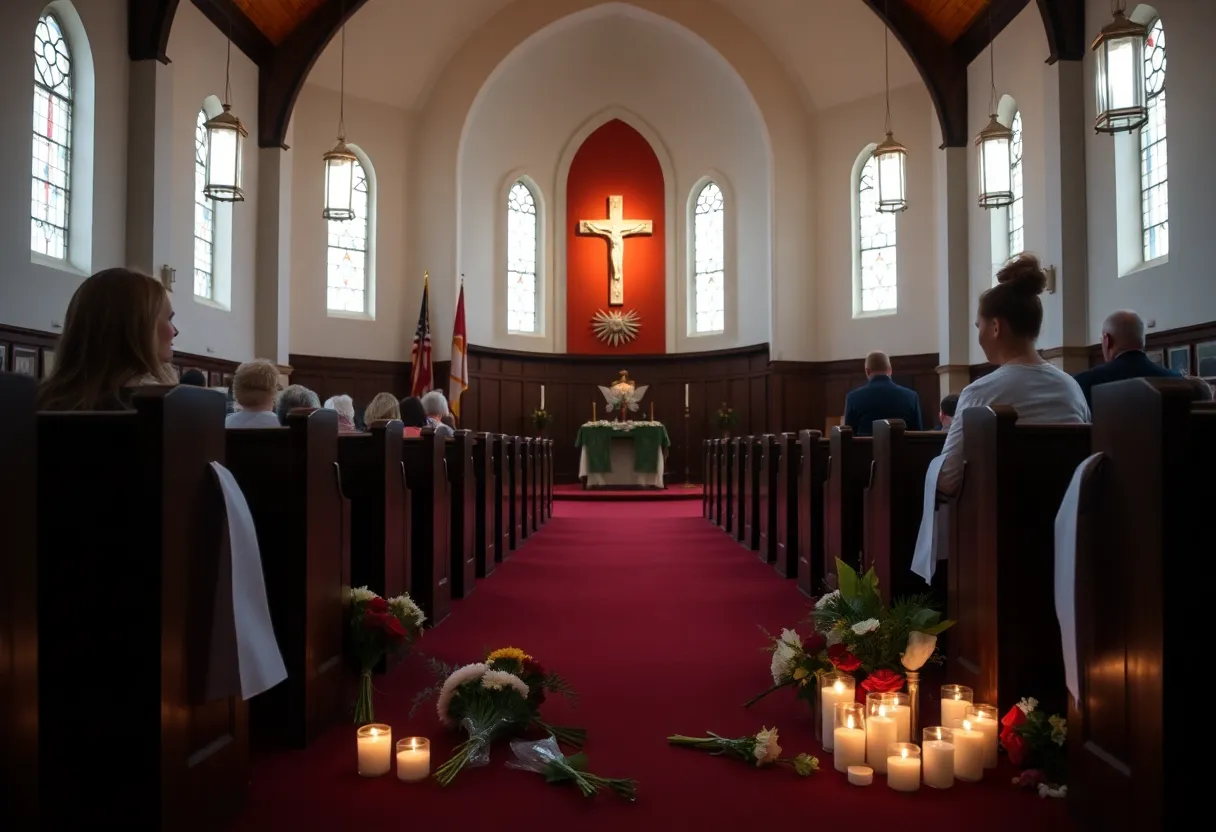 Memorial setup outside a church in Grand Blanc with flowers and candles