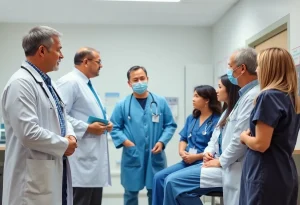 Healthcare professionals in a hospital discussing gender-affirming care