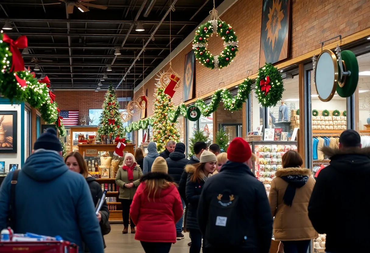 A vibrant Michigan retail store filled with holiday shoppers and decorations
