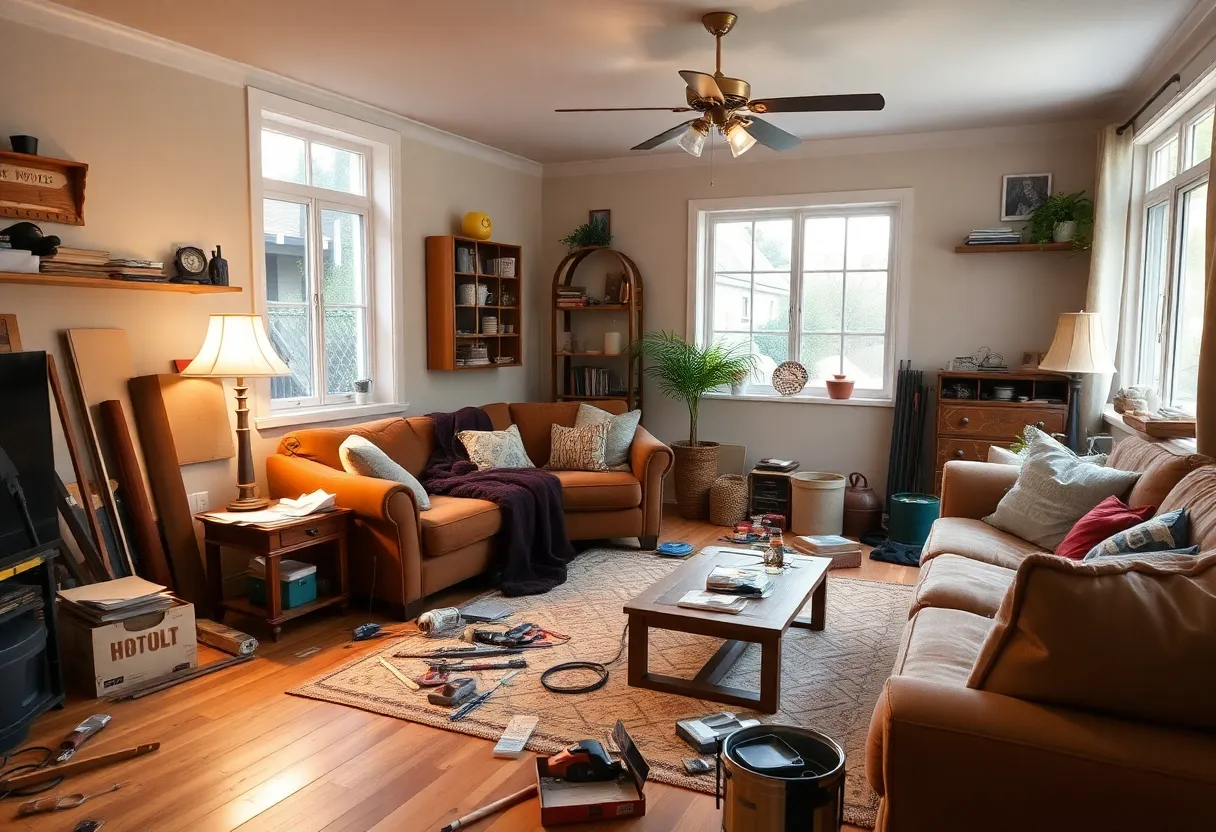 A living room in the midst of a home renovation project with tools scattered around.
