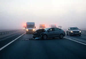 Scene of a fatal car crash on I-96 with emergency responders in dense fog.