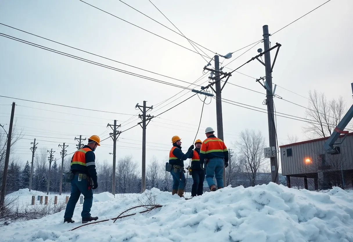 Utility workers repairing power lines after ice storm in Michigan.