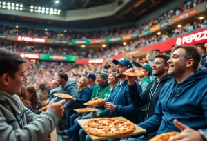 Fans enjoying Little Caesars pizza at a Michigan State University sports venue.