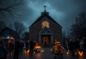 Church building damaged by fire after a mass shooting incident.