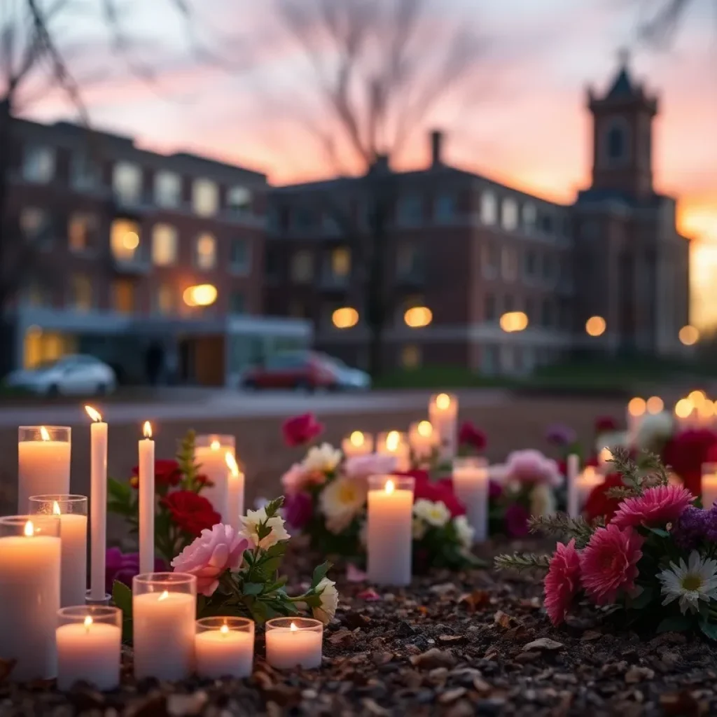 A memorial with candles and flowers honoring victims of political violence.