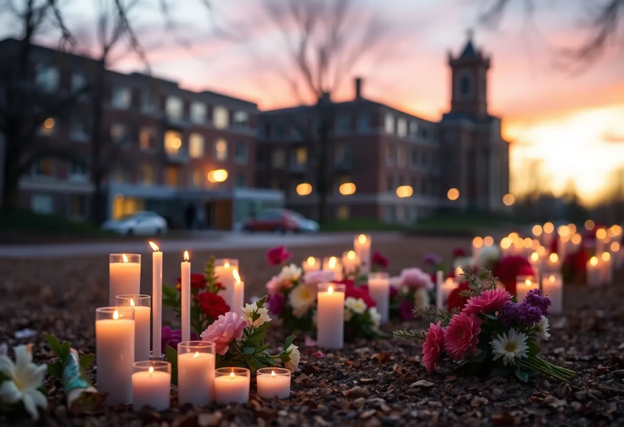 A memorial with candles and flowers honoring victims of political violence.