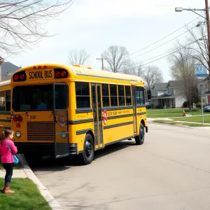School bus in Metro Detroit neighborhood with children waiting.