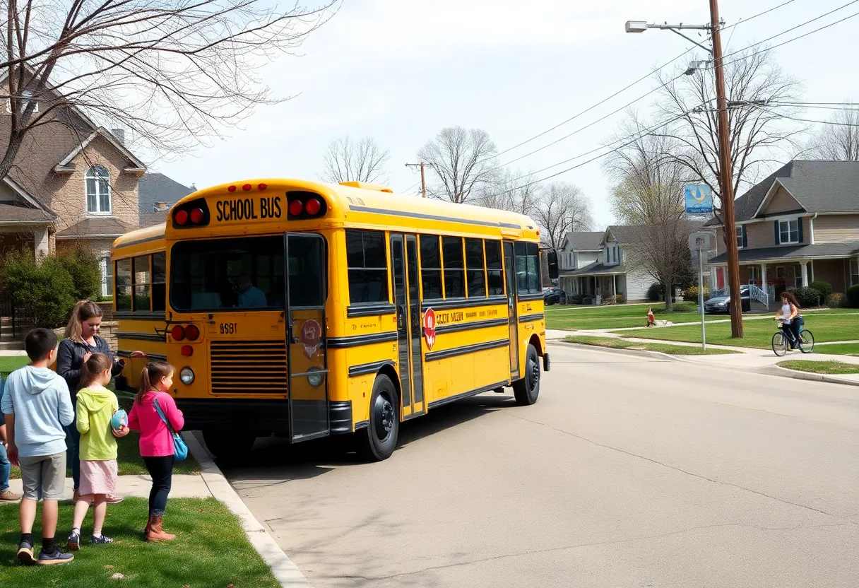 School bus in Metro Detroit neighborhood with children waiting.