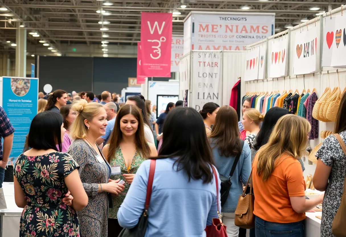 A lively scene from the Metro Detroit Women’s Expo with women networking and booths.