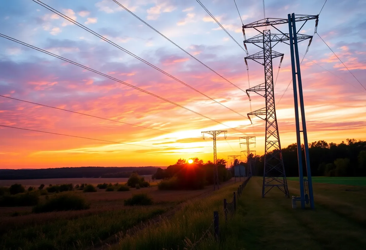 Electric transmission lines in Michigan during sunset.