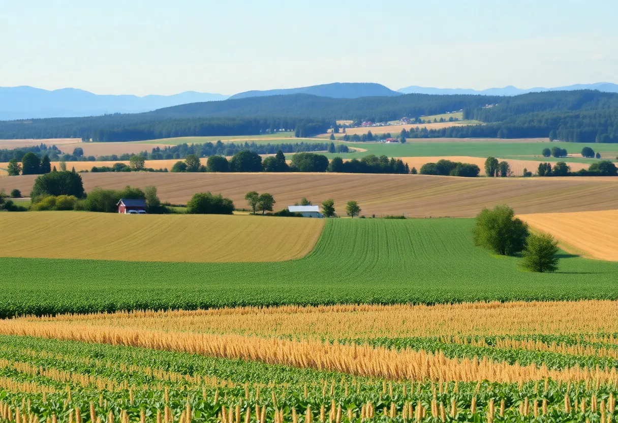 Vibrant agricultural landscape in Michigan featuring crops and hills