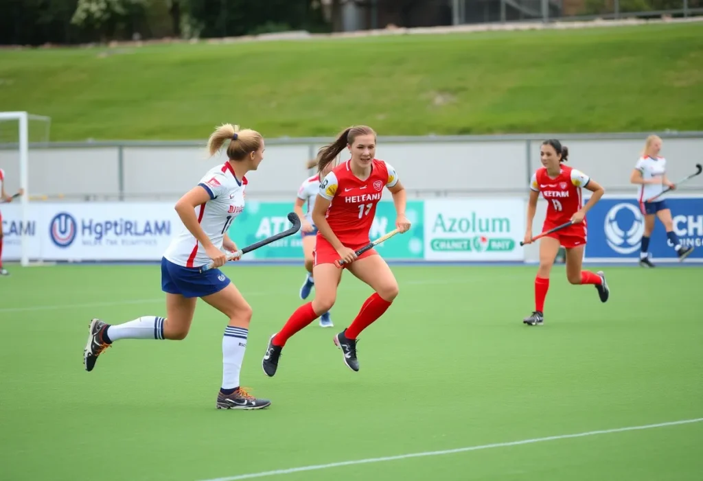 Players from Michigan field hockey celebrating a goal