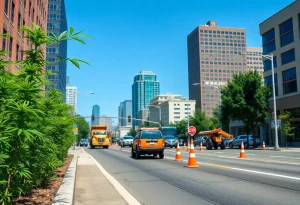 Michigan road construction with cannabis plants in the foreground