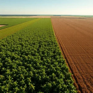 Aerial view of soybean crops in Michigan affected by drought conditions