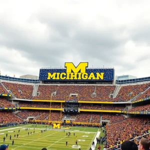 Michigan Stadium during a football game with Good Hands net signage.