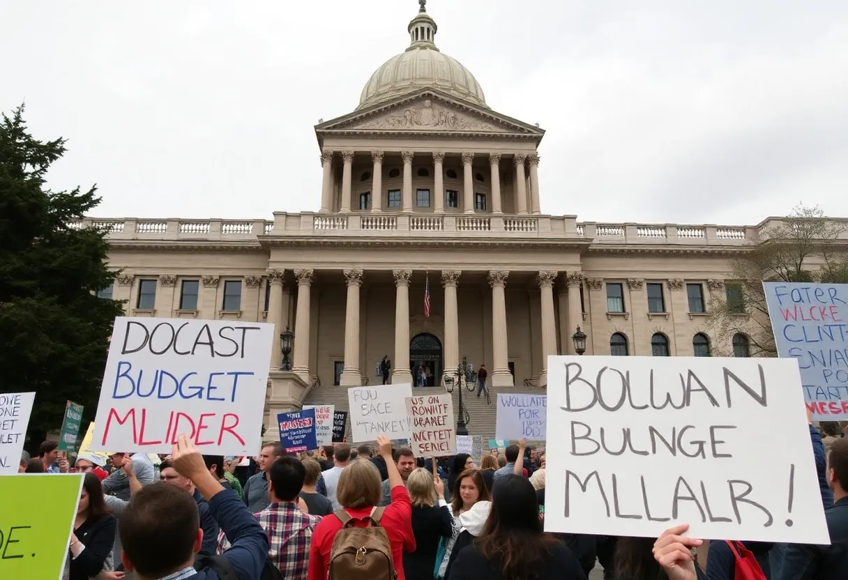 Michigan State Capitol with citizens advocating for government services