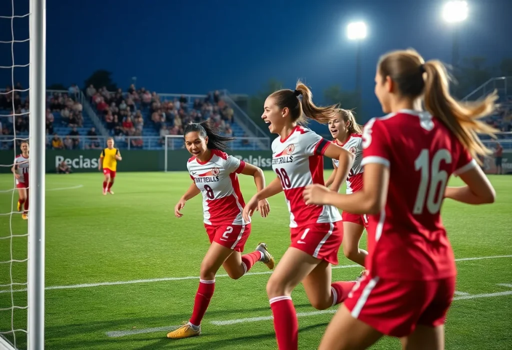 Michigan State women's soccer team celebrating a goal during a match