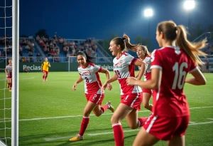 Michigan State women's soccer team celebrating a goal during a match