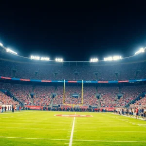 Football teams playing under stadium lights during a night game.