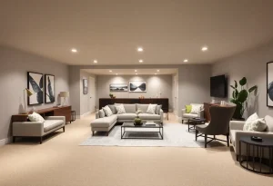 Stylish modern basement remodel with sleek furniture and lighting