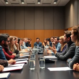 Students discussing financial investments at MSU Board meeting