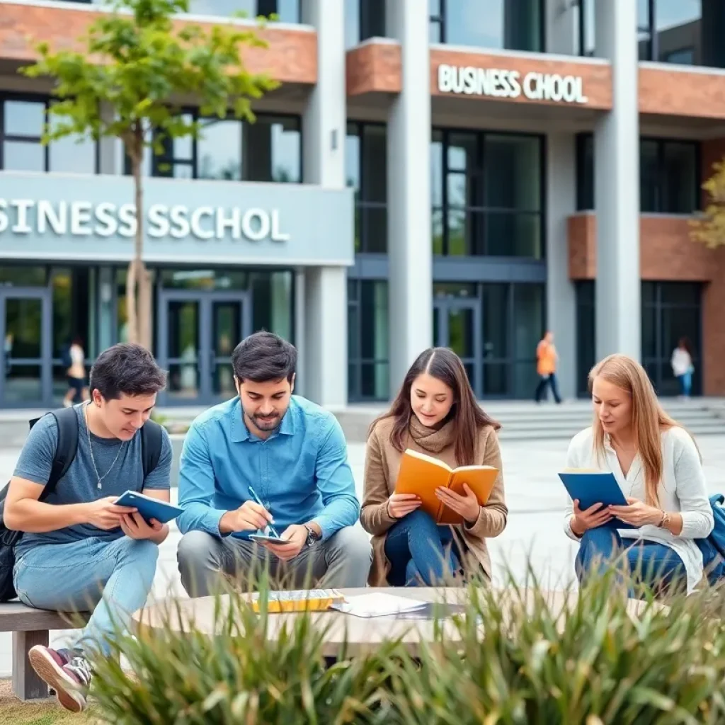 Students studying outside Michigan State University's Broad College of Business