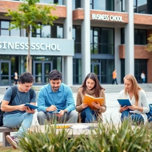 Students studying outside Michigan State University's Broad College of Business