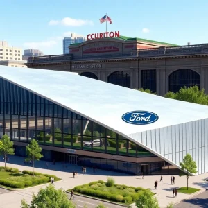 Exterior view of the new Ford headquarters building surrounded by green landscaping.
