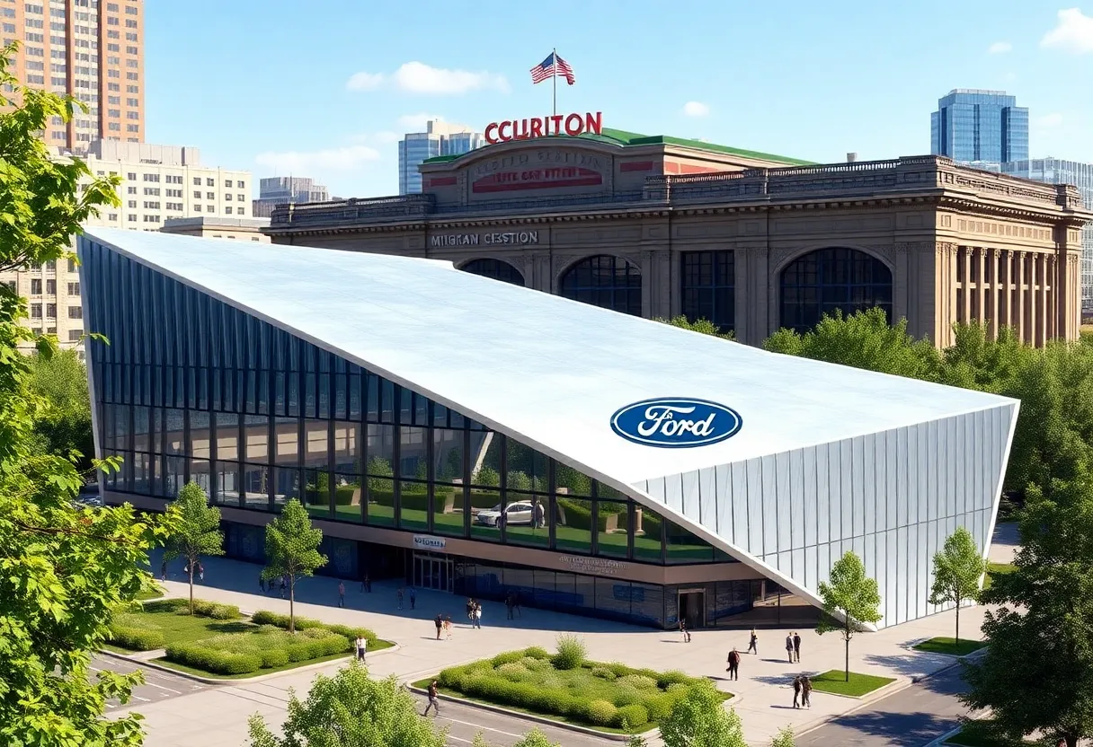 Exterior view of the new Ford headquarters building surrounded by green landscaping.