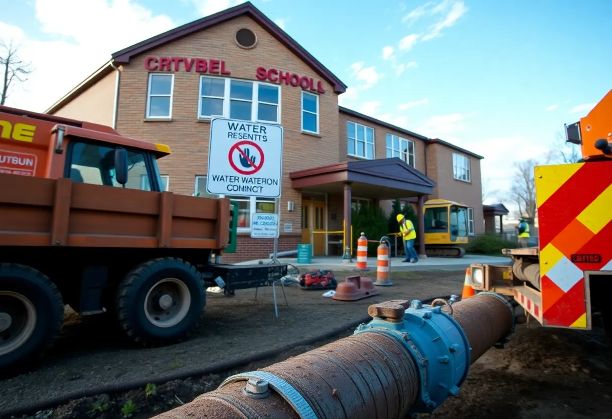 School building with water advisory signs and construction area in the background