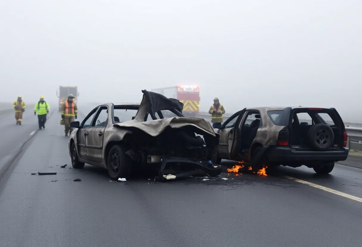 Accident scene on I-96 with burned vehicles in foggy weather
