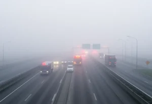 Emergency vehicles at a foggy highway accident scene