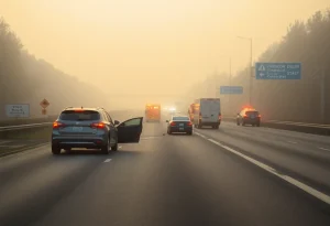 Accident scene on I-96 with two vehicles in the fog